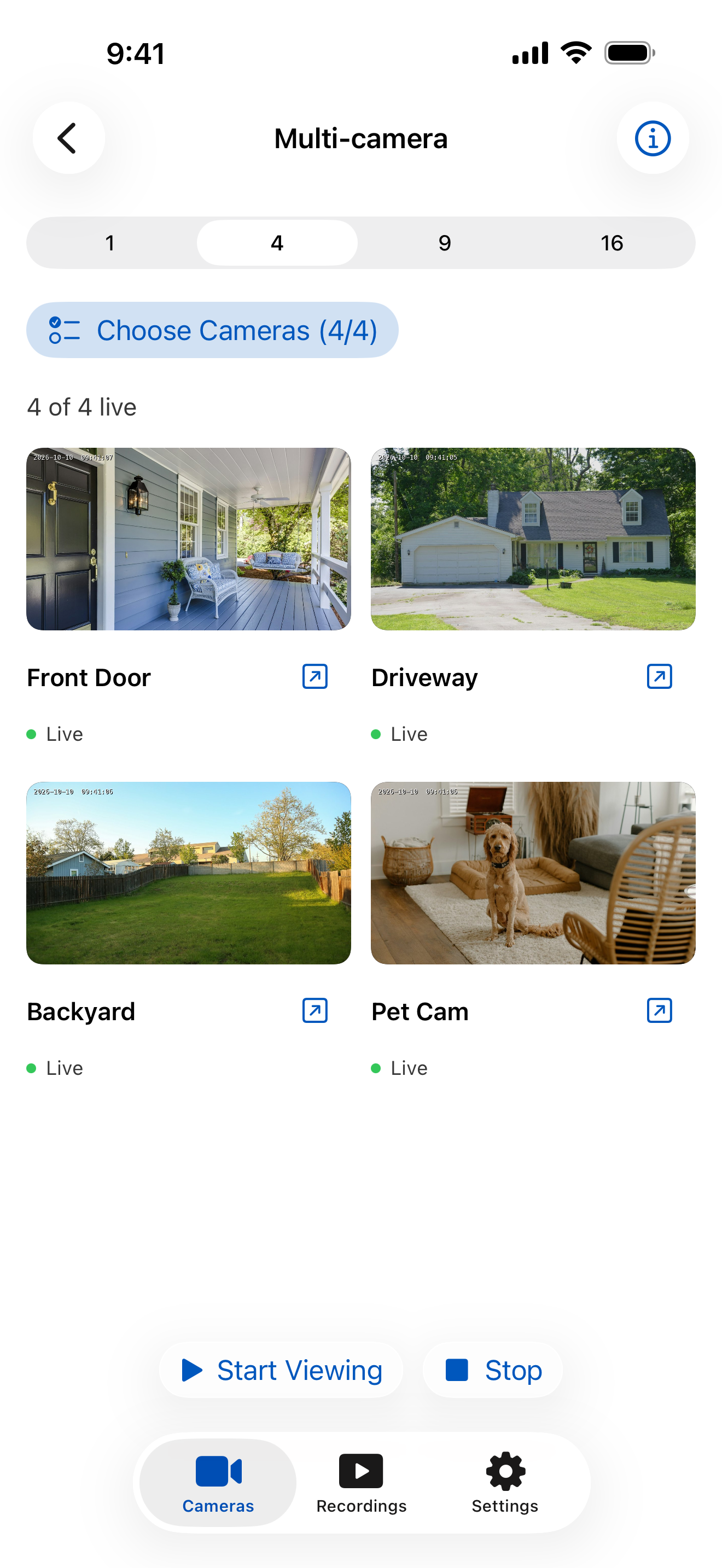 CameraViewer on iPhone showing four sample camera feeds in a grid.