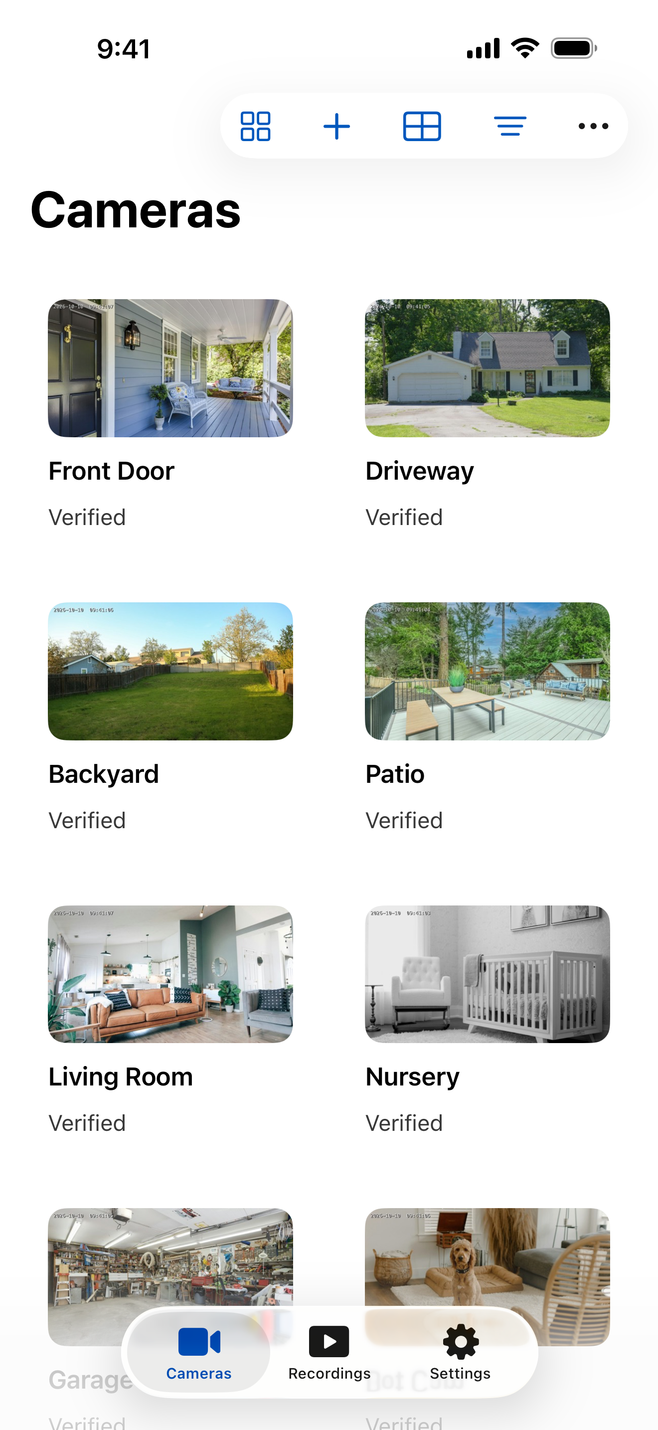 CameraViewer camera library showing saved cameras with sample thumbnails.