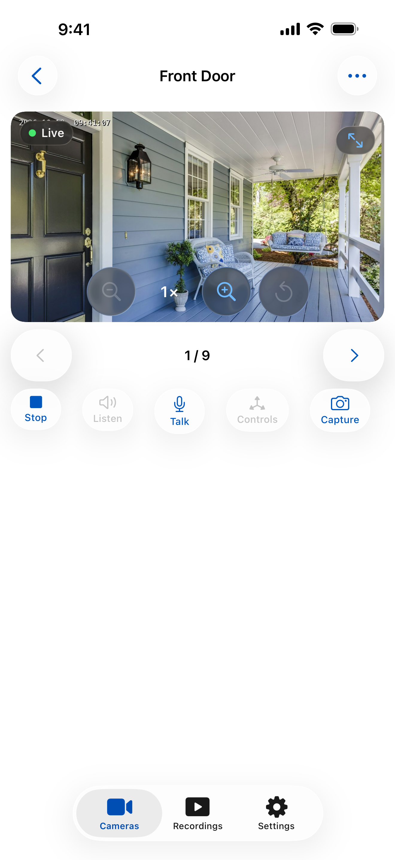 CameraViewer on iPhone showing a single sample camera feed and viewing controls.